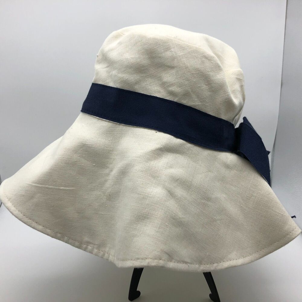 J Peterman Company Sun Hat Womens White/Crem Blue Ribbon Floppy Beach Cruise - Picture 4 of 7